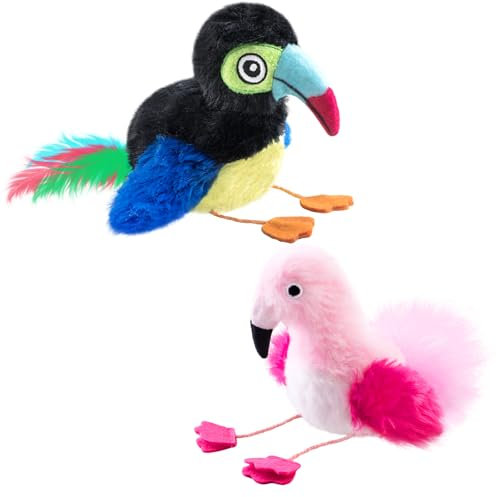 Migipaws 2 Pack Jouets pour Chats Oiseaux chantants, Ensemble de Jouets interactifs pour Chats avec Flamant Rose et Toucan, Peluche et Herbe à Chat Jouets pour Chatons pour s'amuser à chasser