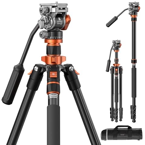 K&F Concept Treppiede per Fotocamera, Treppiede Video Compatto con Testa Idraulica, Treppiede da viaggio in Alluminio, Capacità di carico 5kg, Monopiede Smontabile, Cavalletto Fotografico K234A7+FH-03