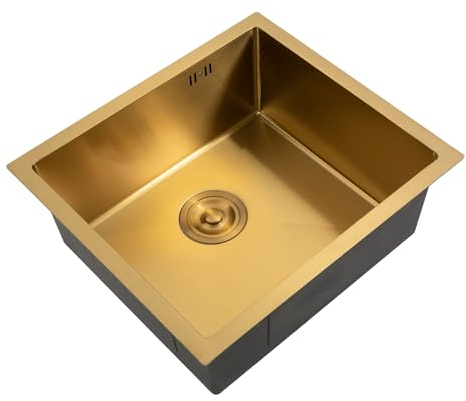 Fregadero vintage dorado de 50 x 45 cm, 1 lavabo con sifón y rebosadero, adecuado para montaje empotrado o bajo encimera, tipo de montaje
