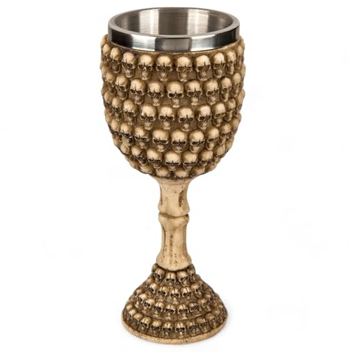 MIJOMA Bicchiere da vino 3D con teschio, in pietra artificiale e acciaio inox, medievale vichingo, capacità 300 ml (osso)