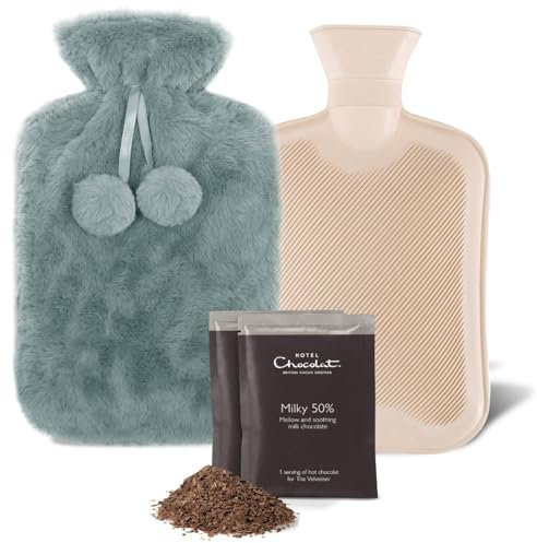 Hot Water Bottle + Hotel Hot Chocolate, 2 Pack | Premium Cozy Fluffy Cover | Large 2L Capacity | Best for Cosy Nights in | Winter Essential