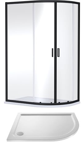 Balterley Offset Quadrant Shower Enclosure with Shower Tray, 6mm Toughened Safety Glass Doors, Right Hand, Bar Handle Framed Enclosures for Showers, Quadrant Tray for Showers (Black/White)