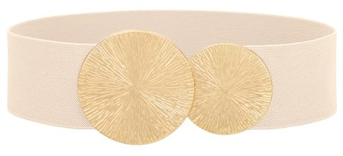 Waist Wow Damen Breiter Gürtel für Kleid Elastischer Taillengürtel Schwarz Mode Hüftgürtel für Damen mit Goldene Schnalle, Beige, L