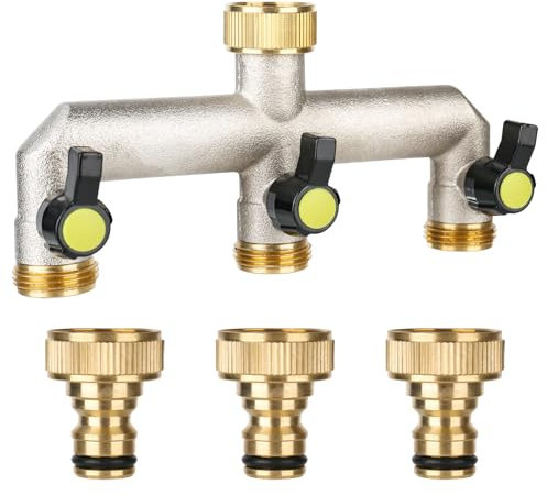 RUCUDIM Distributore dell'acqua per rubinetto a 3 vie, adattatore per rubinetto a 3/4, 3 distributori, realizzato in ottone, adattatore da 3/4, 1/2, con valvola a sfera per regolare e bloccare il