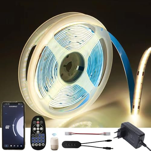 FOLGEMIR WIFI 5m tira de LED COB Blanco Neutro 4000K, regulable de luz con Control Remoto IR y Fuente Alimentación 24V, 8mm, APP, Timer, Música, autoadhesiva, IP20, compatible con APP Tuya