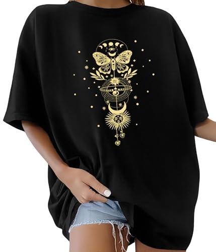 Lonya T-Shirt Oversize pour Femme à col Rond Manche Courte Tee Shirt Grande Taille Créatives Vintage Rétro D'été Décontracté Coton Loose Haut Imprimé Papillon d'or Streetwear, G-Noir, L