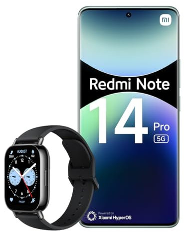 Xiaomi Smartphone Redmi Note 14 Pro 5G, 8+256GB, fotocamera AI da 200MP, IP68, ricarica turbo da 45W con batteria da 5110mAh, funzionalità AI (caricabatterie non incluso), Verde + Watch 5 Lite