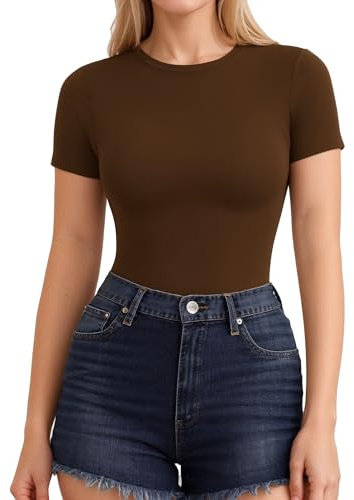 ALGALAROUND Women T Shirt Fitted Crew Neck Short Sleeve T-Shirts Summer Basic Womens Tight Tops Slim Fit Tee for Ladies Going Out Brown M