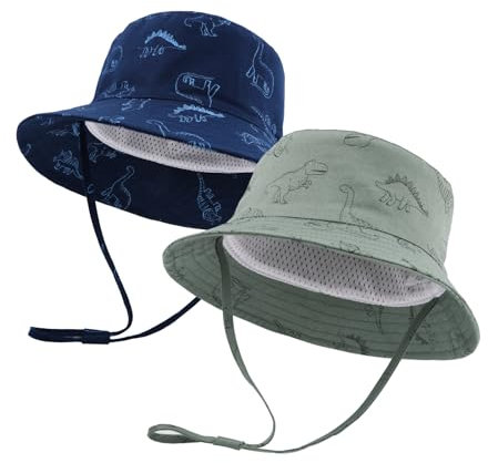 SEYUFN Bob Sonnenhut Baby-Fischerhut mit breiter Krempe Sonnenhut mädchen Verstellbarer Baumwollhut UV-Schutz Sommerhut für Kinder(Grüner Dinosaurier+Königsblauer Dinosaurier,1-2 Jahre)