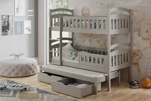 Generisch Etagenbett Stockbett Kinderbett Dominic für 3 Personen 80x180 cm inkl 3 Matratzen und 2 Schuppladen in grau.