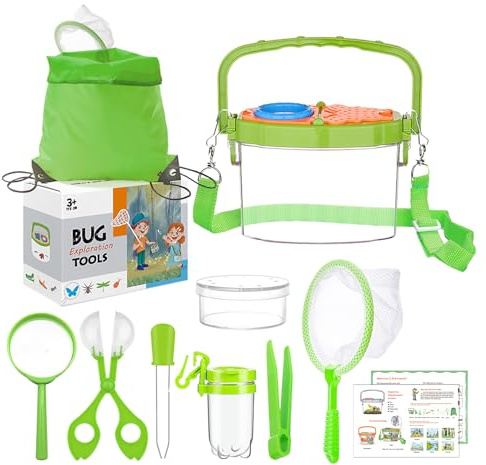 GmeDhc 11 Stück Forscherset Outdoor Spielzeug Set, | mit Insektenfänger,Becherlupe,Mikroskop,Pinzette,Kordelzugbeutel Naturerkundungen Geschenk für Junge und Mädchen ab 3 6 Jahre