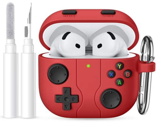 Ouwegaga for Airpods 4 Case Cover 2024 with Cleaner Kit, Classic Handheld Game Console Design Shockproof Protective Case Compatible with Apple AirPods 4th Generation Case, With Carabiner, Red