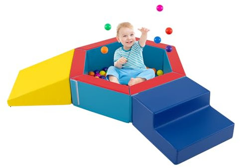 DREAMADE Bällebad Baby, 3 TLG. Softbausteine Set mit 100 bunten Bällen, Indoor Kletterblöcke mit Kunstlederbezug & Klettverschlüssen, Spielplatz aus Schaumstoff für Kinder ab 1 Jahr