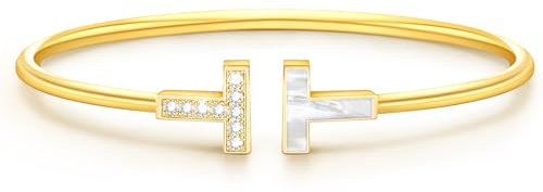 VIVILE Edles Zirkon Schale Armreif Gold,Edelstahl Armband Damen,Buchstabe T Sterling Silber 925 Armbänder,Dupes,Ideal Geschenk für Frauen,Mode Schmuck