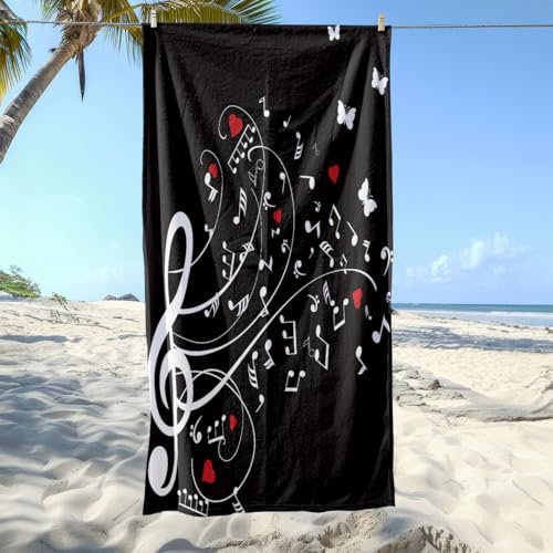 Toalla de Playa Notas Musicales Grande Microfibra Hombre Mujer 150x200 cm 3D Toallas Playa Negro, Ligera, Absorbente, Secado Rapido, Sin Arena, para Piscina, Picnic 678-PQ
