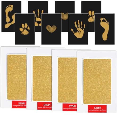 Juego de 4 impresiones de manos y huellas de bebé, almohadillas doradas, juego de impresión de bebé, adecuado para huellas de perro, gato, revestimiento antiadherente