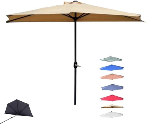ZIUSFAC 270cm Demi-Parasol 5 Baleines Parasol De Terrasse Semi-Circulaire Parasol D'Extérieur avec Manivelle Parasol De Balcon Rayure/Rouge/Vert/Kaki/Gris(Khaki)