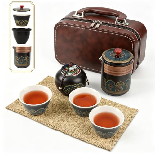 Japanisches Teekanne Set,Tragbar Japanisches Teeservice,Travel Porcelain Tea Set aus Keramik,1 Teekanne (250ml/8.5oz) + 1 Teekanister (180ml/6oz) + 3 Teetassen (46ml/1.6oz),Porzellan Teeservice