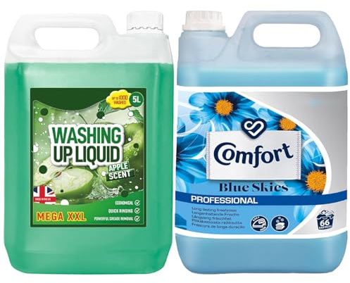 2 Piece Household Cleaning Bundle Giftset – Comfort Blue Skies Fabric Conditioner Softener 5L & Flow Washing Up Liquid 5L – Long-Lasting Freshness – Ideal for Home & Laundry