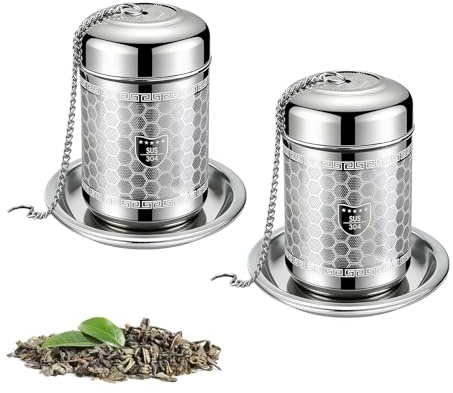 FORTSPANG 2er-Pack Edelstahl Tee-Ei mit Kette, Wiederverwendbarer Teefilter | Sichere Kette & Untersetzer. Aus 304 Edelstahl. Passend für Tassen & Kannen. Leicht zu reinigen.