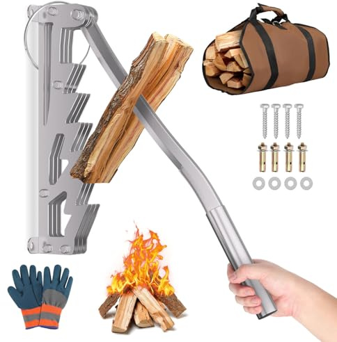 Monucep Holzspalter Manuell，Wandhalterung Manueller Holzspalter ，Tragbarer Brennholzspalter für Weichhölzern ，Handholzspalter mit Brennholzsack，Spalter Holz für Indoor & Outdoor，Silber