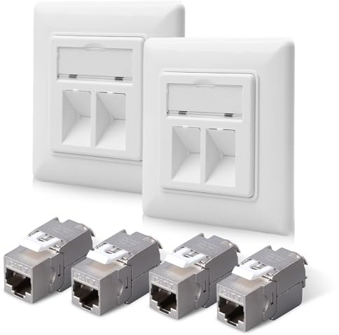 BAIFULAI Prise réseau encastrée CAT 7 à 2 ports - 4 modules CAT 7 RJ45 - Prise réseau CAT7 - Prise réseau CAT 7 - Prise Ethernet LAN - Prise encastrée - 10 Gbit/s - Blanc - 80 x 80 mm