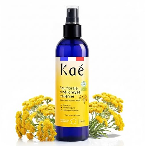 KAÉ Eau Florale d'Hélichryse Italienne Bio 250ml - Lotion Tonique Apaisante Fabriquée en France 99,8% Naturelle - Aide à Atténuer l'Aspect des Imperfections du Visage, du Corps et Contour des Yeux