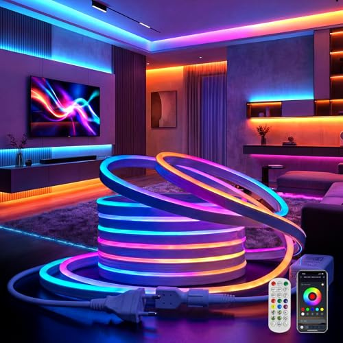 KSIBNW LED Neon Strip 10m RGBIC, LED Streifen mit Fernbedienung & App IP65 Wasserdichte Flexible Lichterschlauch Bluetooth Musik Sync LED Band Timer-Einstellung LED Beleuchtung Dimmbar Farbwechse