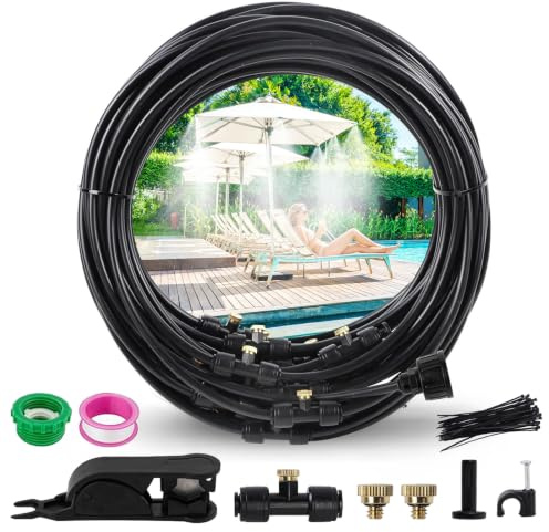 Nebulizzatore Giardino,18 m con 20 ugelli + 2 adattatore da 3/4, nebulizzatore d'acqua per terrazze, nebulizzatore per giardino, terrazza, serra