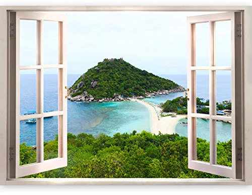 3D WALL ILLUSION murando 140x100 cm Wallpaper Mural Photo Print Window View Optical Illusion Design Wall Mural Art Print Wall Decoration Poster sea Ocean Landscape c-C-0091-c-a