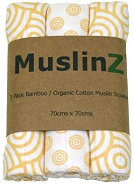 MuslinZ 3PK Bamboo/Organic Cotton Muslin Squares, Burp Cloths 70 x 70cm (Gold Swirl)