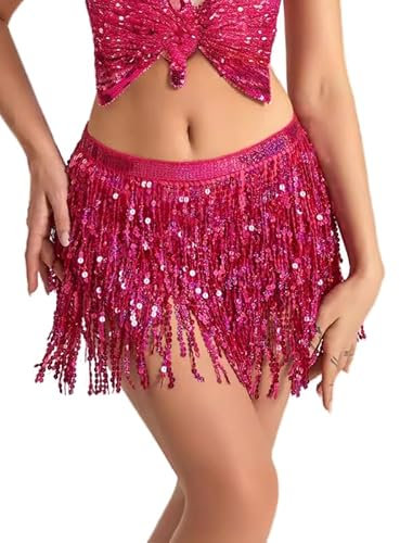 Wuchieal Pailletten Glitzer Bauchtanz Hüfttuch Kostüm Pailletten Quaste Outfits Rock Gürtel Festival Kleidung (Dunkelpink, One Size)