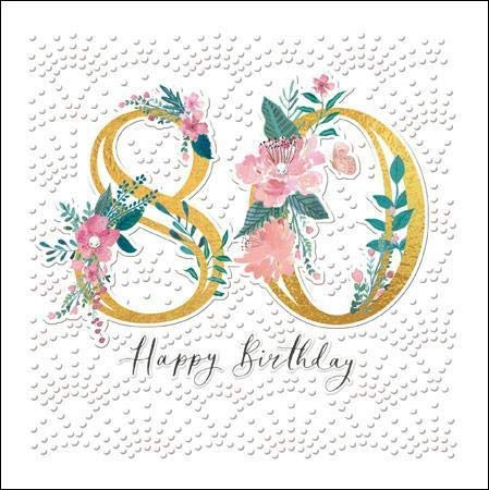 Stunning Embellished Female 80th Birthday Card from The Espoir Range - Pink Watercolour 80th Birthday Flowers with an Exquisite Foil and Embossed Finish - Greeting Card for Her (WDM-446931)