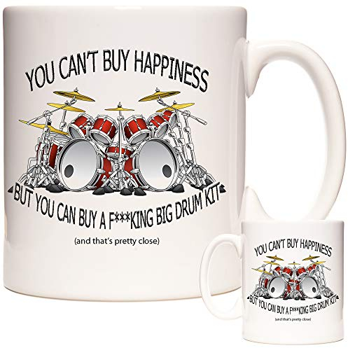 Drum Mug, You Can't Buy Happiness But You Can Buy A Big Drum Kit, Ceramic Gift Mug for Drummers Everywhere