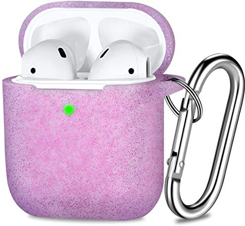 Maledan Kompatibel mit AirPods Hülle AirPods Case Apple Airpods 2 & 1, Bling Glänzend Glitzer Schutz Silikon Schutzhülle (Front LED Sichtbar) mit karabiner, Glitzer Lila