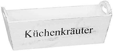 Posiwio dekorativer Pflanzkasten Kräuterkasten Pflanzschale mit schwarzem Aufdruck KÜCHENKRÄUTER Holz Shabby weiß (groß ca. 39,5 cm lang)