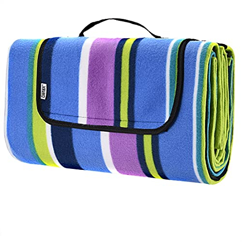 DETEX® Picknickdecke Campingdecke XXL 200x200 cm Wasserdicht Wärmeisoliert Waschbar Fleece Faltbar für 4-6 Personen Garten Stranddecke Streifen