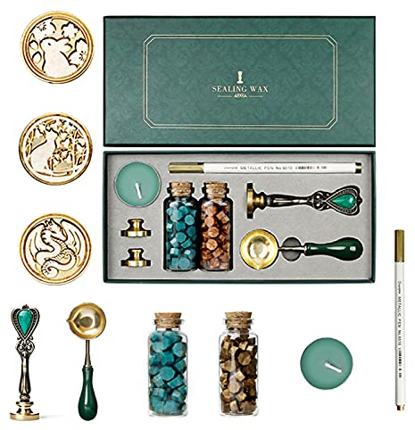 Holzsammlung Retro Sello de Cera Kit, con Sello Latón, Velas de Té, Pluma para Colorear, Cuchara para Derretir, Perlas de Cera, para Invitaciones de Boda, Envoltura de Vino, Tarjetas Felicitación