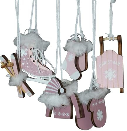 6 TLG Set Christbaumschmuck Altrosa Rose ROSA Holz Schlittschuhe Ski Schlitten OT48 Baumschmuck Nostalgie Alpen Winter Chirstbaumdeko Hänger Holzdeko …