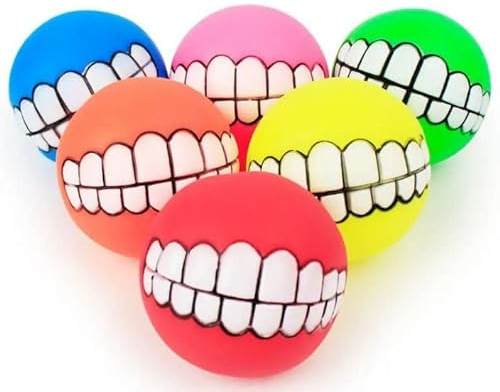 Promotech Hundeball mit lustigem Gebiss-Motiv – 7 cm Durchmesser, Robustes Gummispielzeug für kleine & große Hunde, Beiß- und Apportierspielzeug