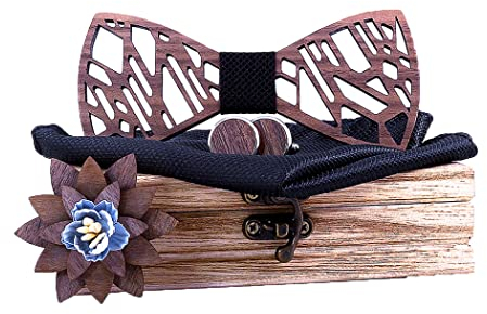 HZQIFEI Noeud Papillon Bois, Ensemble 4 Pièces Noeud Papillon en Bois + Boutons de manchette + Broche + Carré de Poche, Accessoire Mode (Style#33)