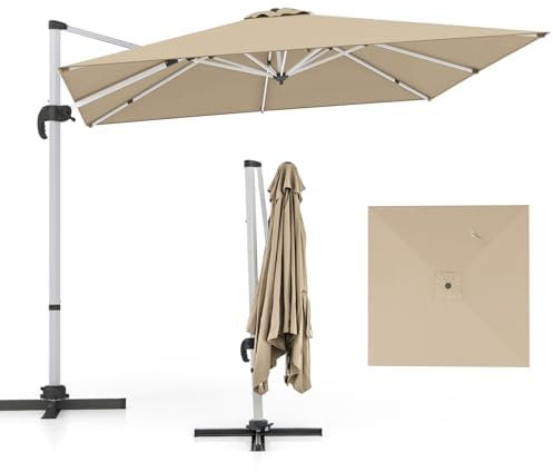 RELAX4LIFE Parasol de Jardin Exterieur Inclinable à 7 Positions Rotation par Pédale, Parasol Déporté 3x3M en Polyester avec 8 Branches Imperméable Anti-UV Résistant au Vent(Beige)
