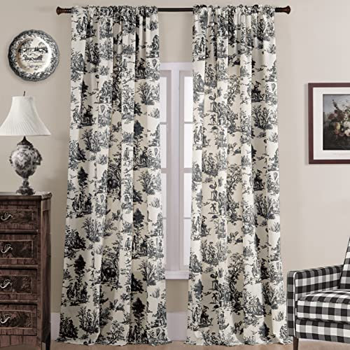 XTMYI Schwarze Vorhänge, 213 cm lang, Gemustert, halbverdunkelnd, Bauernhaus, modernes Toile-Muster auf cremeweißem Baumwollstoff, Fensterbehandlungen, Vorhänge für Schlafzimmer, 2 Paneele