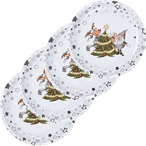 bonsport 4er Set Weihnachtsteller aus Metall 26cm - Wichtelteller Weihnachtsgeschirr Nikolausteller Teller Weihnachten Blech, Wichtel und Rentier
