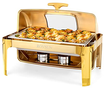 ROVSUN 9QT Roll Top Chafing Dish Buffet Set,Rectangular NSF Stainless Steel Buffet Warmer Chafers and Buffet Warmers Sets with Thick Frame for Catering Events Parties Weddings Dinners,Gold