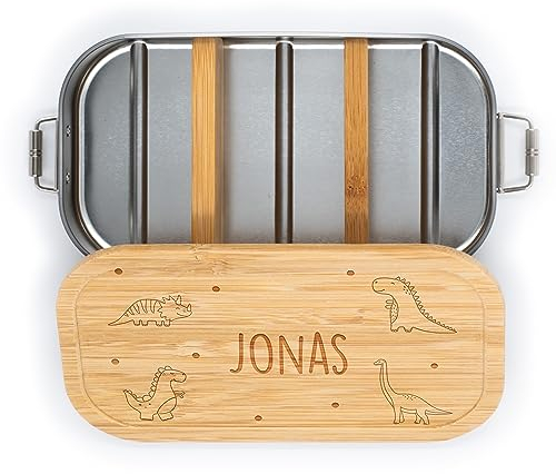 Kidsmood- Personalisierte brotdose mit Bambusdeckel, Individuelle Edelstahl lunchbox für kinder mit Wunschnamen, Ideal für Schule und Kindergarten, personalisierte Geschenke Kinder