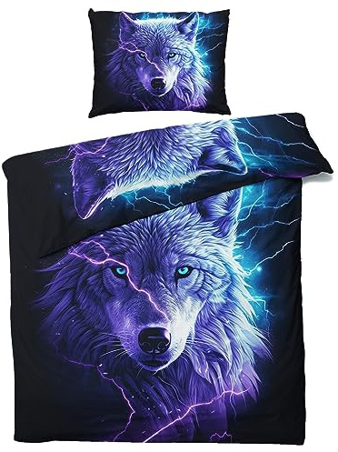 MOBEITI Wolf Motiv Bettwäsche 155x200, Fantasy Blitze Wolfsmotiv Wendebettwäsche, Weiche Kuschelige Mikrofaser Bettbezug Set 2teilig, 1 Kissenbezug 80x80, mit Reißverschluss