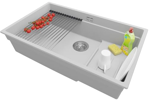PRIMAGRAN Unterbauspüle Granit Grau 76x47cm, Spülbecken 1 Becken + Zuberhor-Set, Granitspüle ab 80er Unterschrank - Prag Step Level S607
