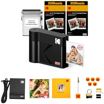 KODAK Mini 3 ERA 4PASS Imprimante photo portable Noir Imprimante + Initiale 8 feuilles + 60 feuilles + accessoires