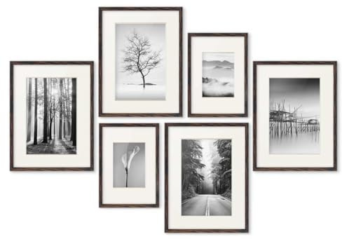 PHOTOLINI dunkle Eiche Bilderrahmen Set verschiedene Größen, 6 MDF Holz Bilderrahmen mit Passepartout, Bilder Rahmen Acrylglas, No.4 Bilderrahmenset zum Aufhängen, Fotowand Fotorahmen Set & Zubehör